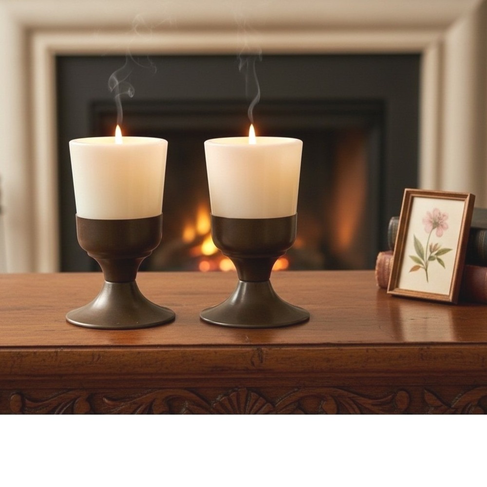Vintage MCM Germany Milk Glass & Bronze Brass Pedestal Candleholders Set of 2
